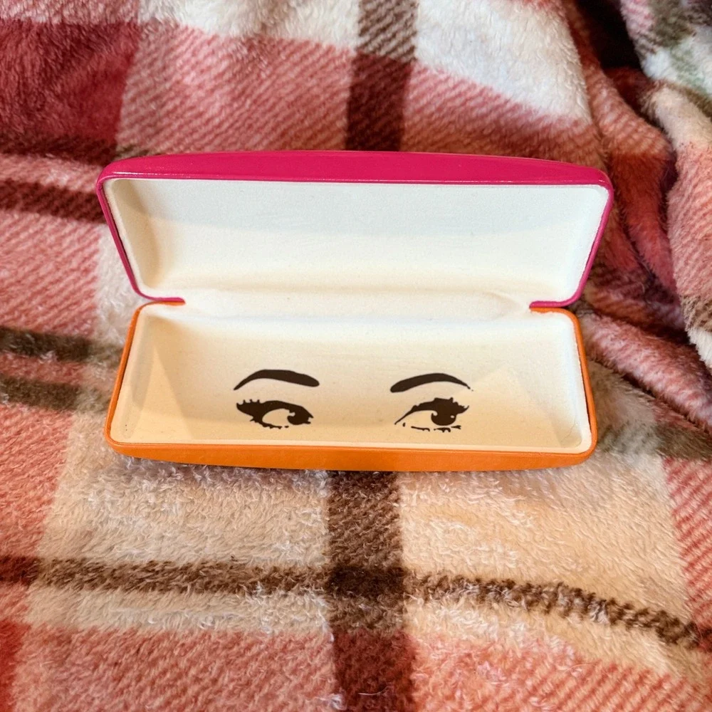 Kate Spade New York Pink Orange Hard Shell Glasses Case Winking Eyes Interior